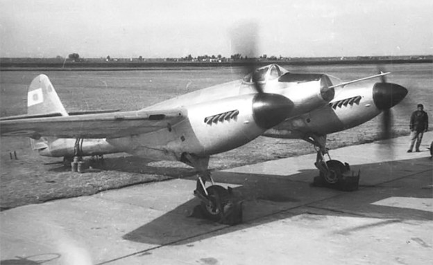 The IAe 30 during a ground run of its Merlin engines.