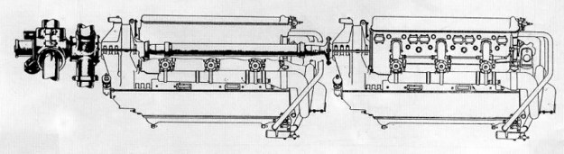 Kimlov M-103 engines Schematic of the paired Kimlov M-103 engines installed in the Bolkhovitinov Sparka with the rear engine's drive shaft through the Vee of the front engine.
